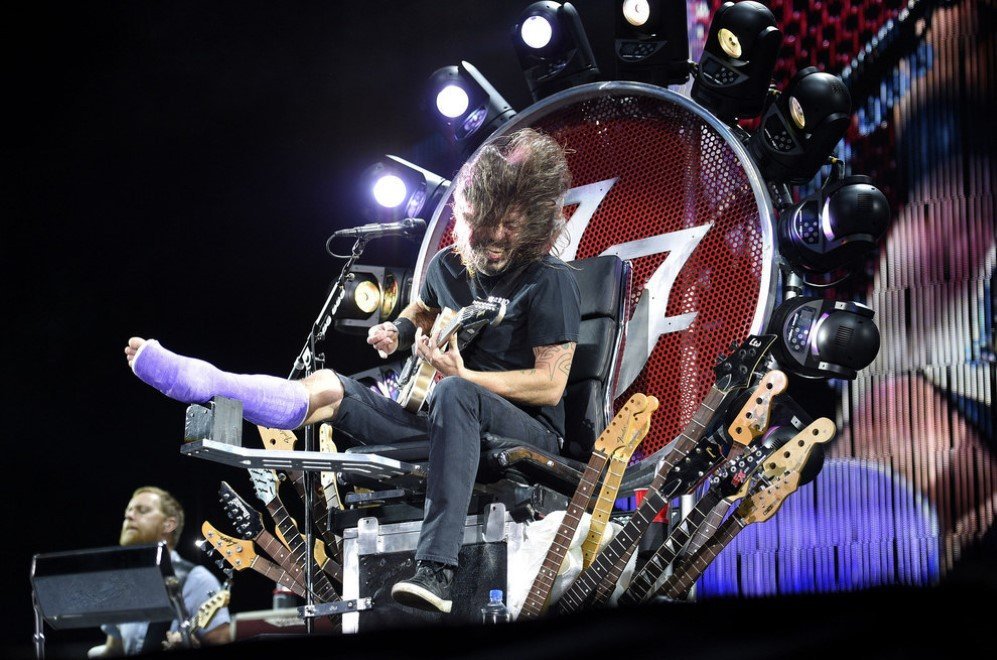 Dave Grohl  of ‘The Foo Fighters’ performs on a throne of guitars with a broken foot at RFK Stadium, Washington, D.C. – July 4, 2015