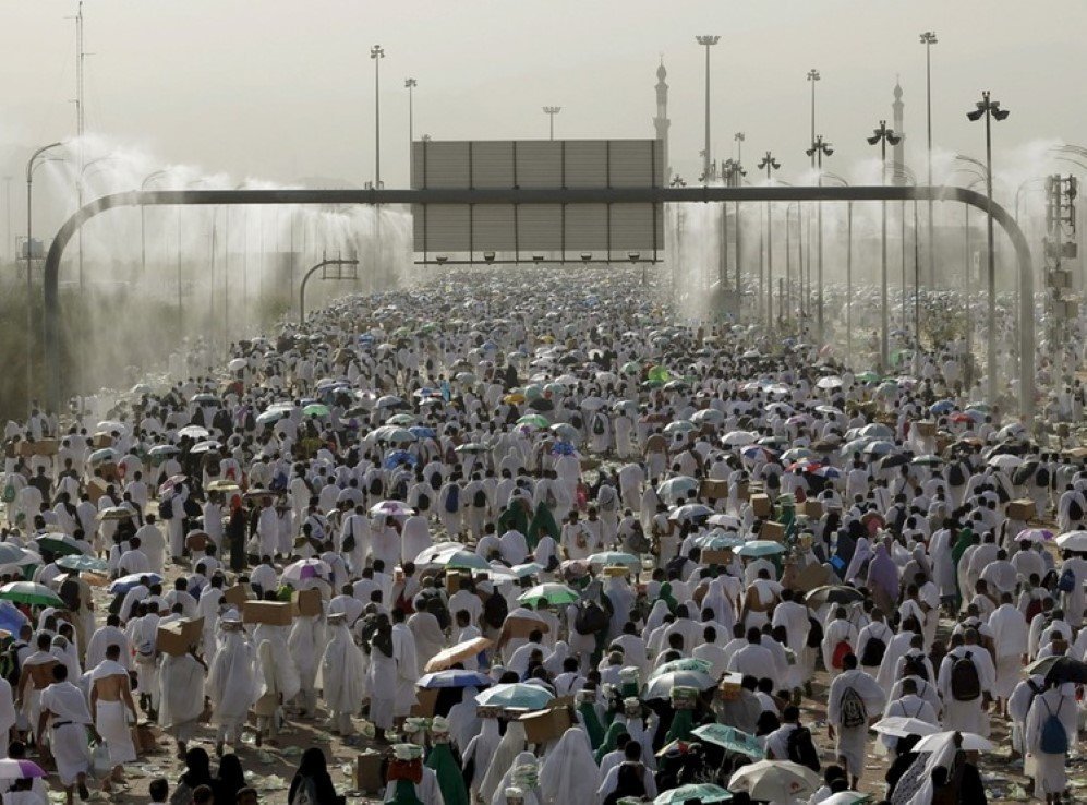 Two million Muslim pilgrims walk on roads in Mecca during the annual Hajj.