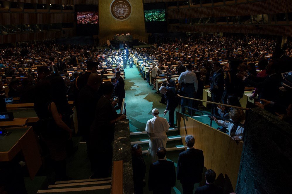 Pope Francis arrives to the General Assembly of the United Nations, p York City during his tour of American – Sept. 25, 2015.