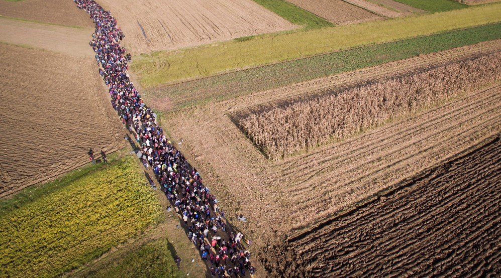 An aerial view of refugees crossing through the fields on foot from Croatia, in Rigonce, Slovenia – Oct. 25, 2015.