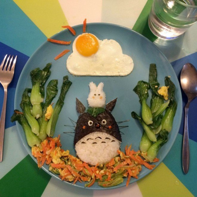 anime character Totoro with sushi rolls