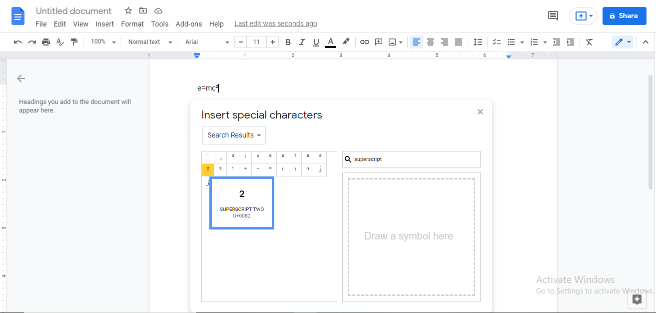 superscript in google docs