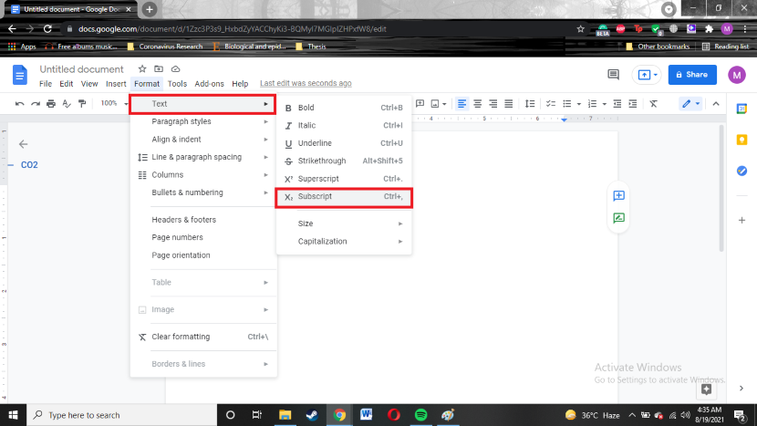 How to subscript your text in google docs