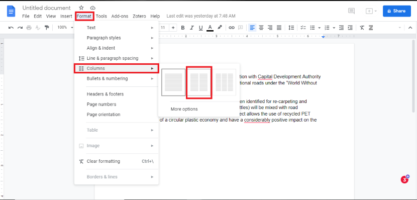 columns in google docs 