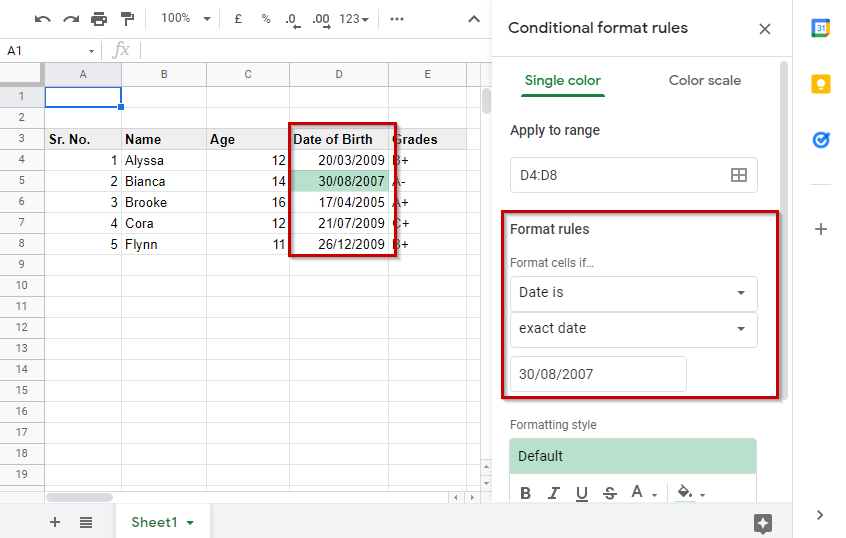 Conditional Formatting Google Sheets