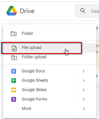 In Google drive dashboard , cursor on file upload