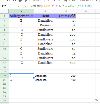 google sheets filter